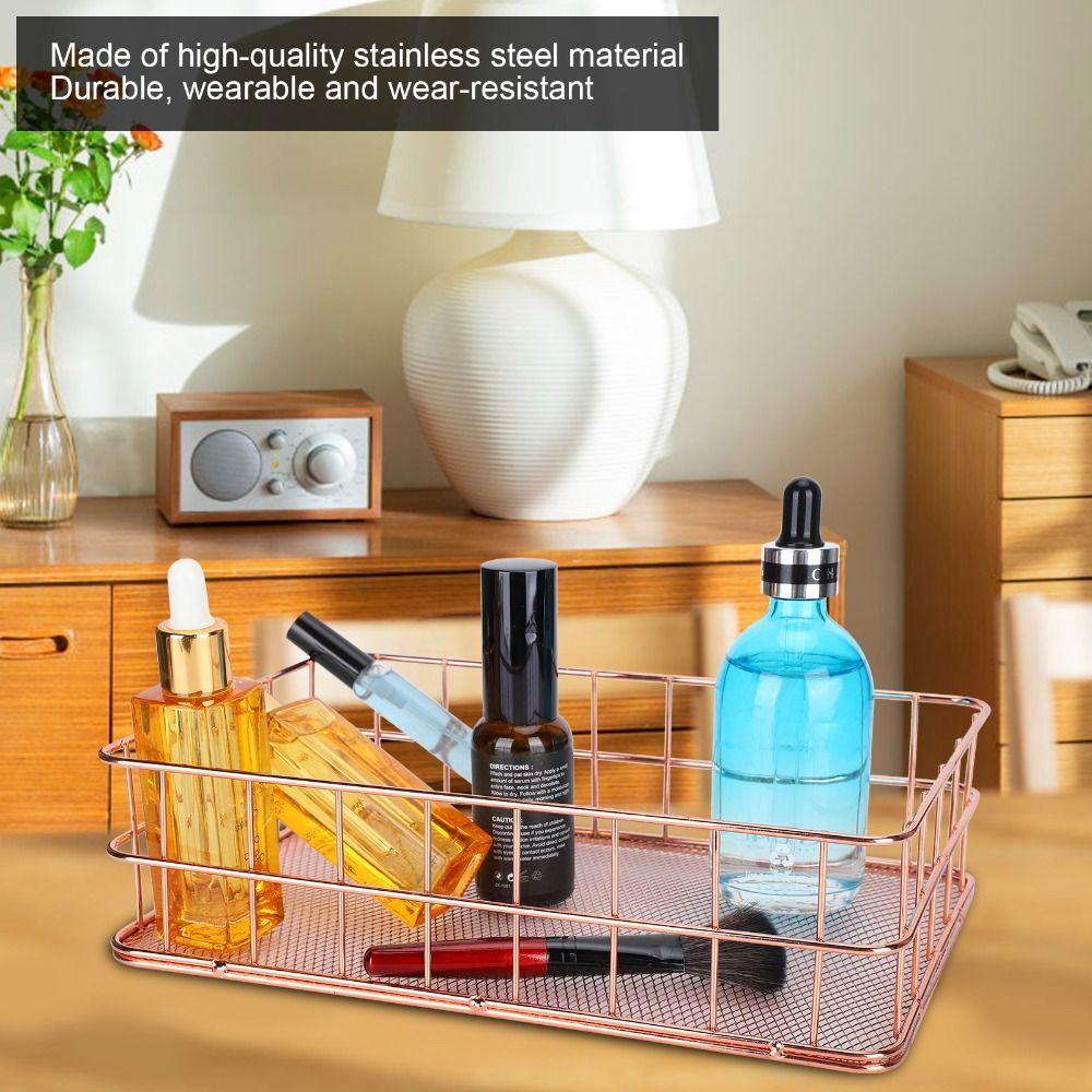 Rose Gold Desktop Organization Basket Iron Grid Wire Storage Organizer Home Office