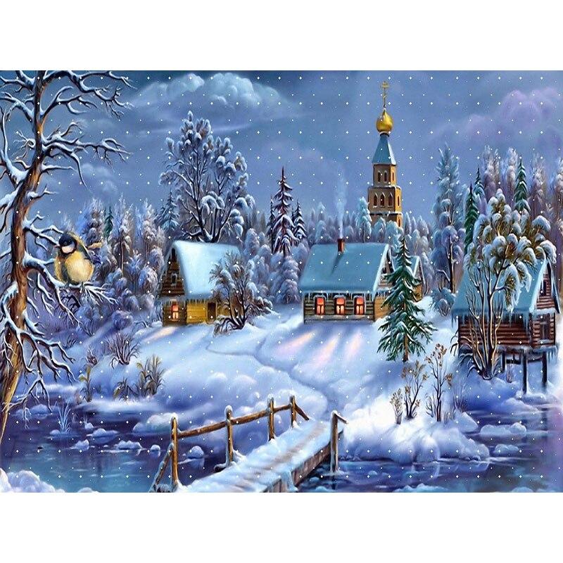 Зимний снег DIY 5D Алмазная картина Полный круглый дрель Пейзаж Алмазная вышивка Крестом Рождественский подарок Настенное искусство