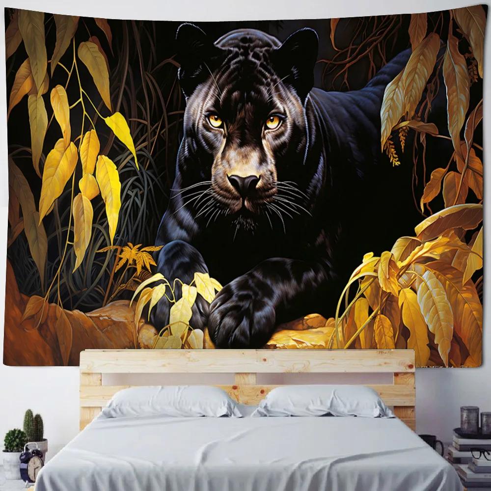 Black leopard jungle tapestry, animal forest wall hanging cloth, exotic landscape wall art for home dormitory decoration