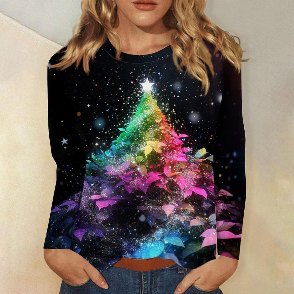Christmas Women Sweatshirt Designer Round Neck Long Sleeve Loose Casual Christmas Snowman Fun Pattern Print Top
