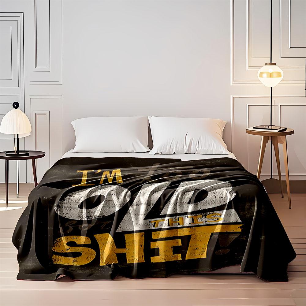 Bold, textured typography with mixed sizes and colors on a dark background. for all seasons blanket lunch break throw gift