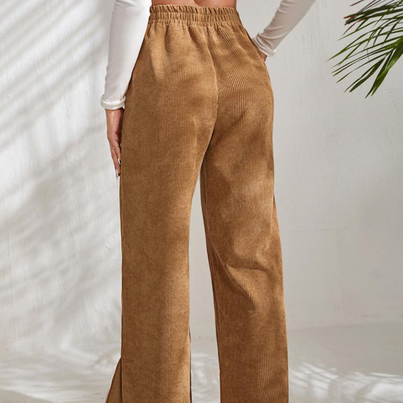 Модные осенние свободные брюки с разрезами, женские однотонные брюки с карманами и высокой талией, повседневные прямые брюки с широкими штанинами