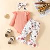Baby Girls 3Pcs Outfits Long Sleeve Letter Print Romper + Butterfly Flare Pants + Headband Set Infant Clothes