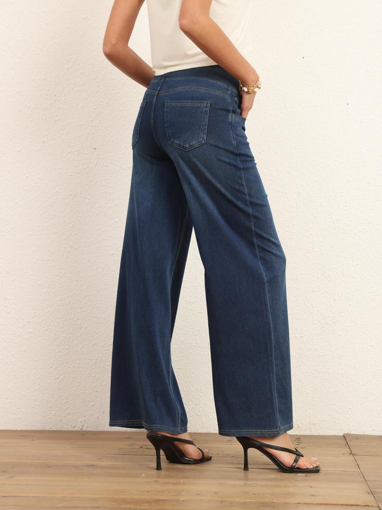 Shascullfites Джинсы со средней талией и широкими штанинами для женщин, эластичные темно-синие джинсы, повседневные брюки свободной посадки с карманами