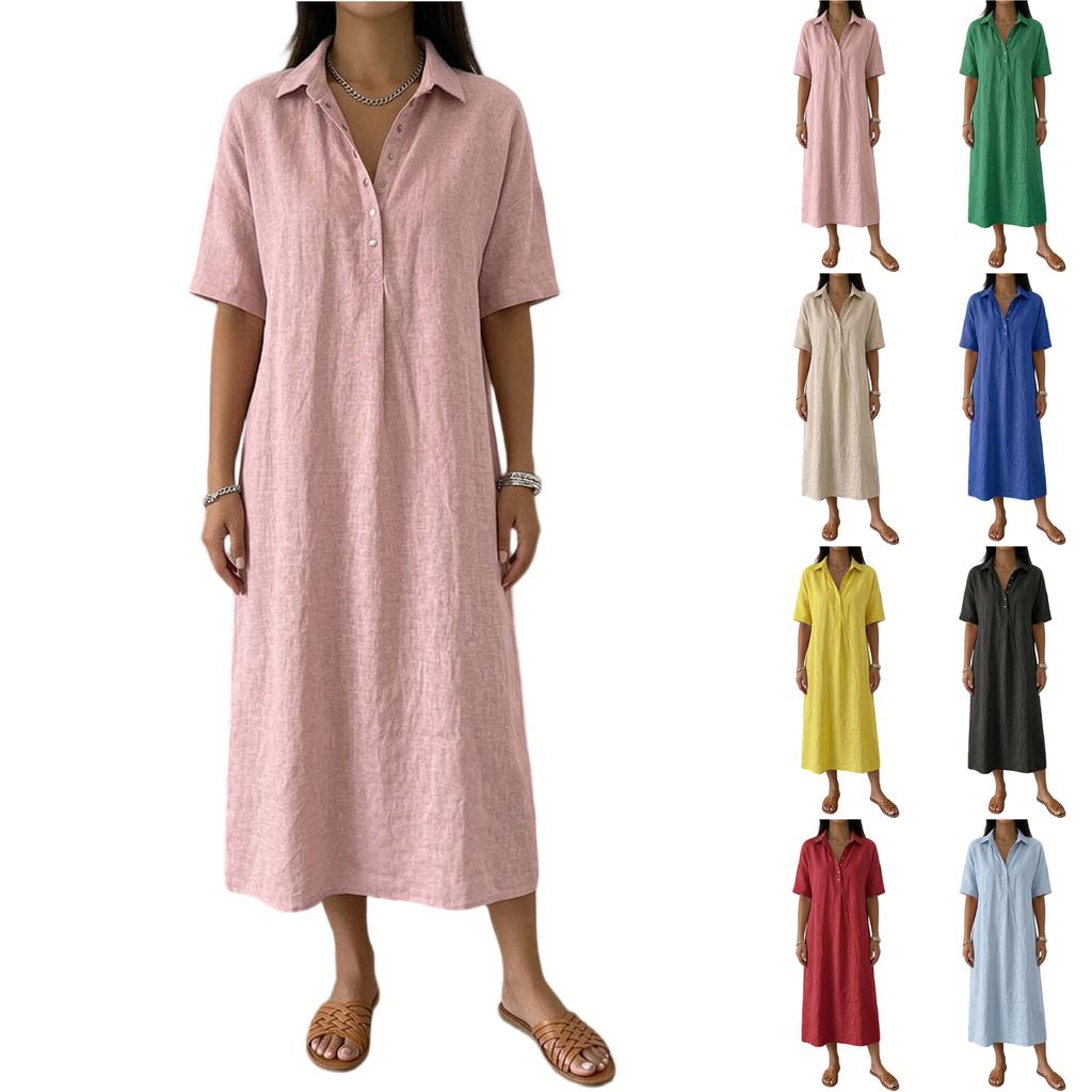 Женское прямое и удобное льняное платье с V-образным вырезом и коротким рукавом
