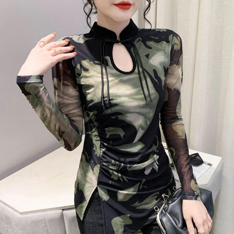 Ретро-рубашка с принтом на пуговицах для женщин на осень и зиму в китайском стиле, топ-чонсам, сетчатая футболка с длинными рукавами