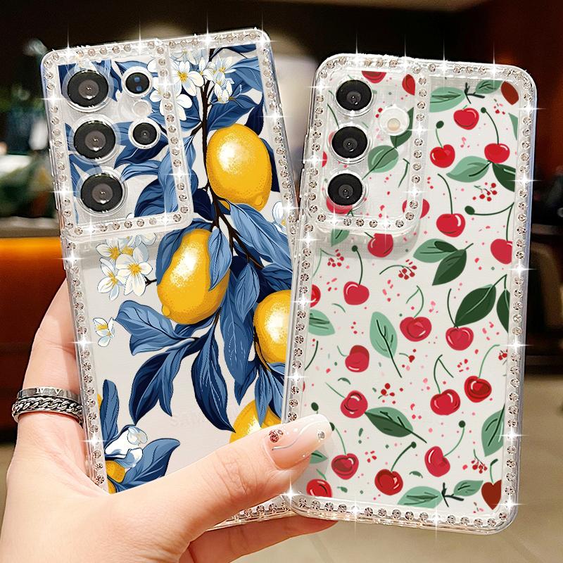 Роскошный чехол с узором из вишни и бриллиантами для Samsung Galaxy S25 Ultra S24 Plus S23 S22 S21 FE A14 A15 A16 A25 A26 A35 A36 A54 A55 A56 5G