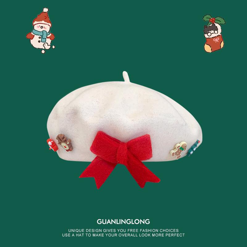 Рождественский берет с бантом для девочки, детская шерстяная теплая шапка для родителей и детей, рождественский подарок, шляпа художника