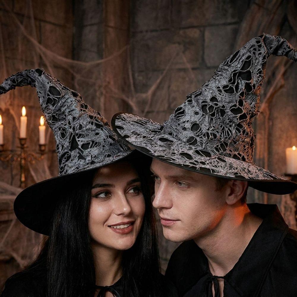Large Wide Brim Ripped Tattered Witch Hat Tall Pointed Cone Top Pointed Mage Hat  Halloween Party