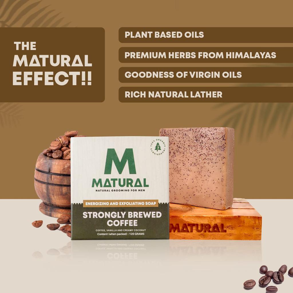 Полностью натуральное твердое мыло ручной работы Matural для мужчин, крепко заваренный кофе с пользой кофе, ванилью и сливочным кокосом - 120 г