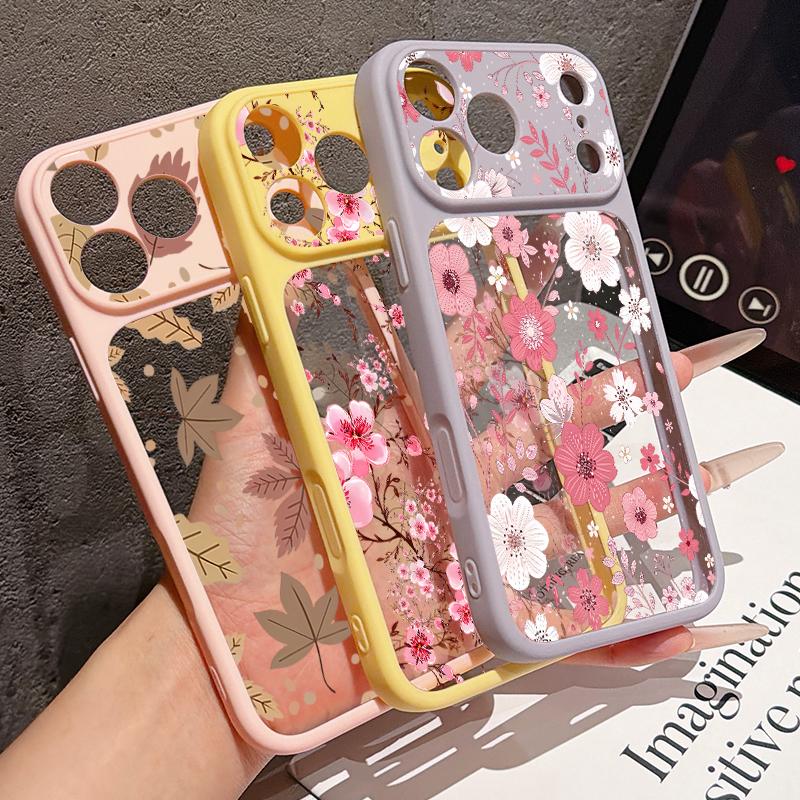 Чехол с принтом розовых цветов для iPhone 17 Pro Max Гибридный TPU+PC Прозрачная задняя жесткая крышка для iPhone 16 15 14 13 Pro Max