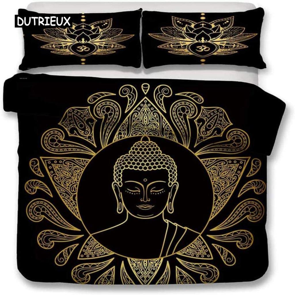 Mandala Buddha Duvet Cover Set,Bohemian Bedding Set Golden Black Lotus Flowers Print Luxury Microfiber Polyester Comforter Cover