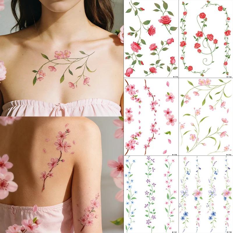 Spring Summer Flowers Temporary Tattoo Sticker Waterproof Cherry Blossoms Roses Tattoo Sticker For Women Fake Tattoo Sticker