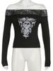 Женская футболка с длинным рукавом и темным ретро-принтом Clash Sexy Slim Lace Splicing на одно плечо