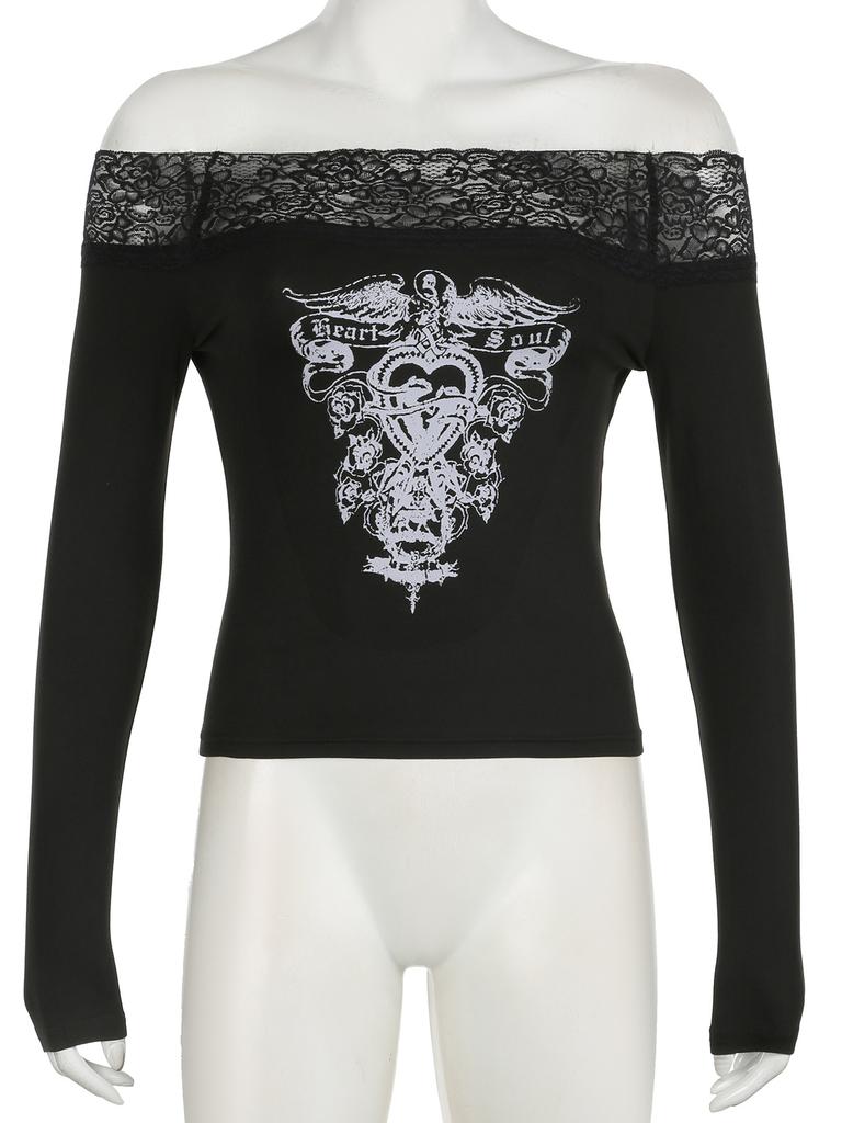 Женская футболка с длинным рукавом и темным ретро-принтом Clash Sexy Slim Lace Splicing на одно плечо