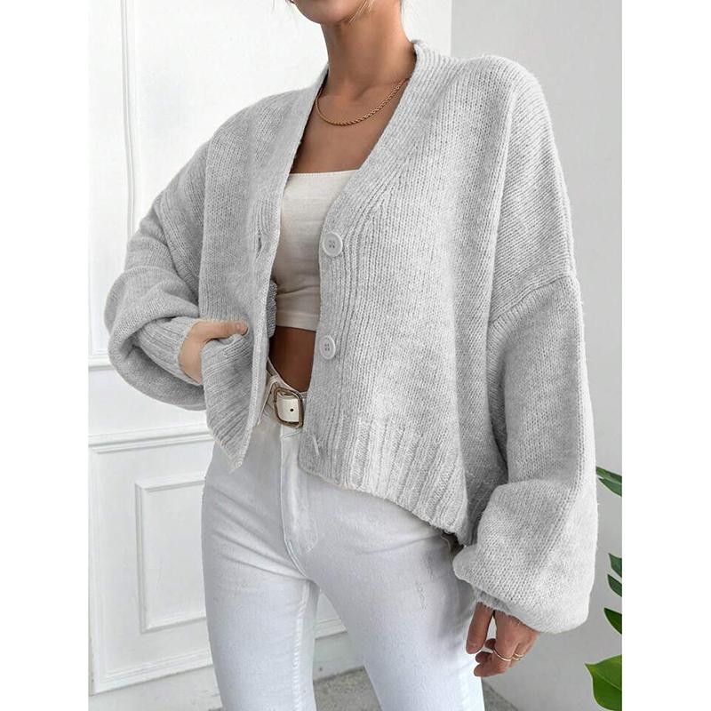 Knitted Cardigan Women's Autumn and Winter New Item Casual Loose V-neck Lantern Sleeves Knitted Sweater Women