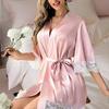 Women's Lace Trim Silky Robes Bride Bridesmaid Kimono Satin Bathrobe with Belt Sexy V Neck 3/4 Sleeve Sleepwear