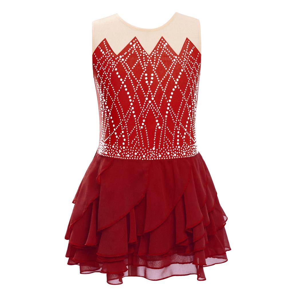 Платье для фигурного катания для девочек, круглый вырез, без рукавов, блестящие стразы, многоярусная юбка с оборками, танцевальный костюм для соревнований