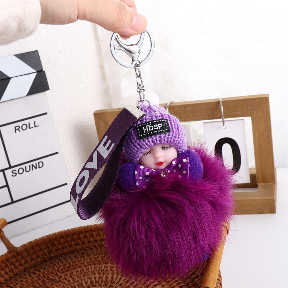 For Girls Cars Key Ring Backpack Plush Keychain Sleeping Baby Doll Fluffy Plush Doll Pompom Keyring
