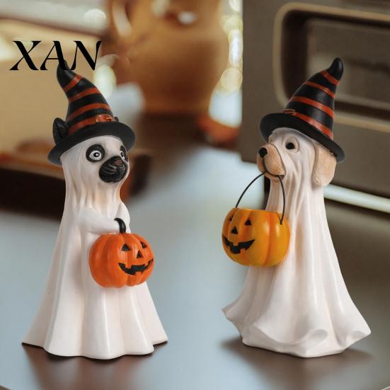 Cute Halloween Party Favors Ghost Dog Figurine, Wizard Hat Pumpkin Resin Statue, Tabletop Decor Window Ornaments for Entryway Bar Party, Lovely