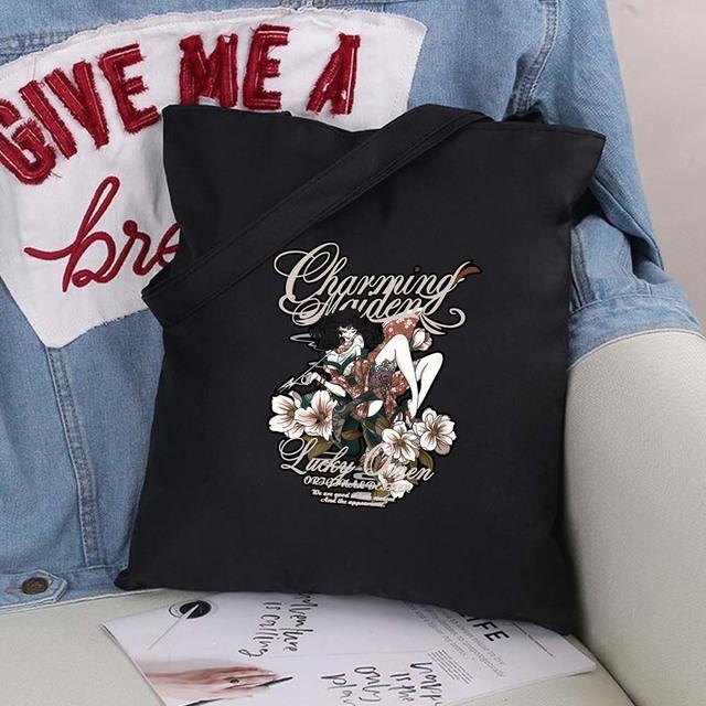 Women Bag Shopper Large Capacity Eco Canvas Cotton Shopper Foldable Fashion Black Cartoon Pictures Handbag Canvas Tote Bag