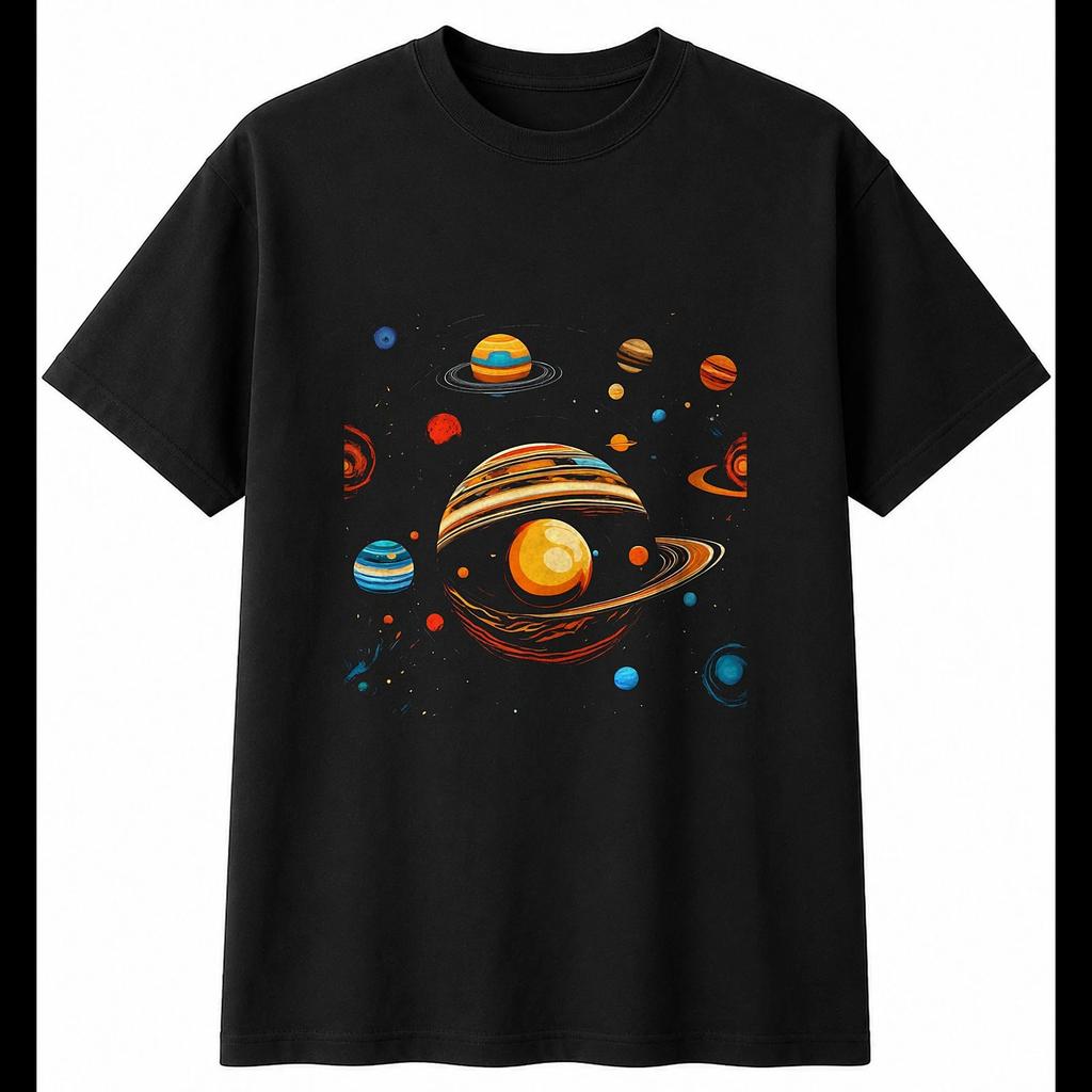 Solar System with Feathers Space Mens T-Shirt Black 100% Cotton Sci Fi Printed