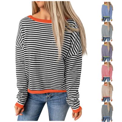 Женский свитер с открытыми плечами в контрастную полоску, свободная и универсальная блузка с длинными рукавами