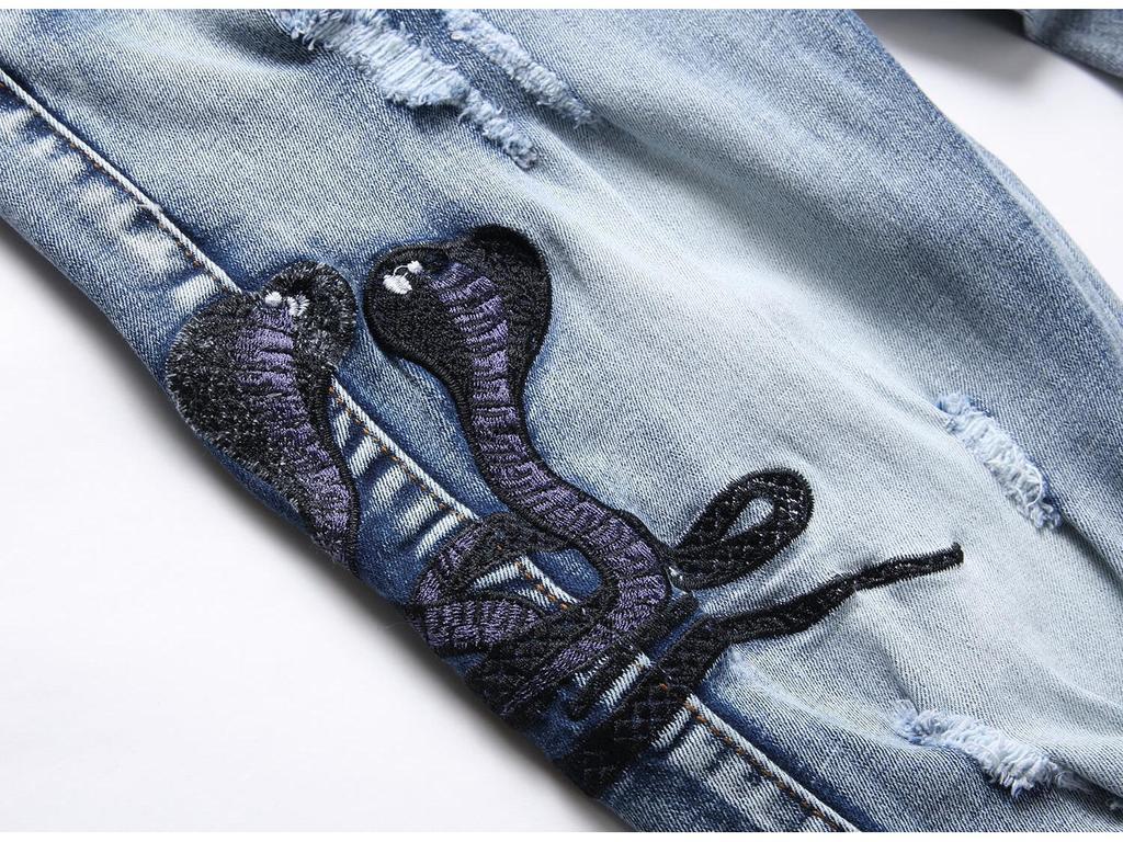 Европейские мужские джинсы с вышивкой «Синяя кобра» облегающего кроя