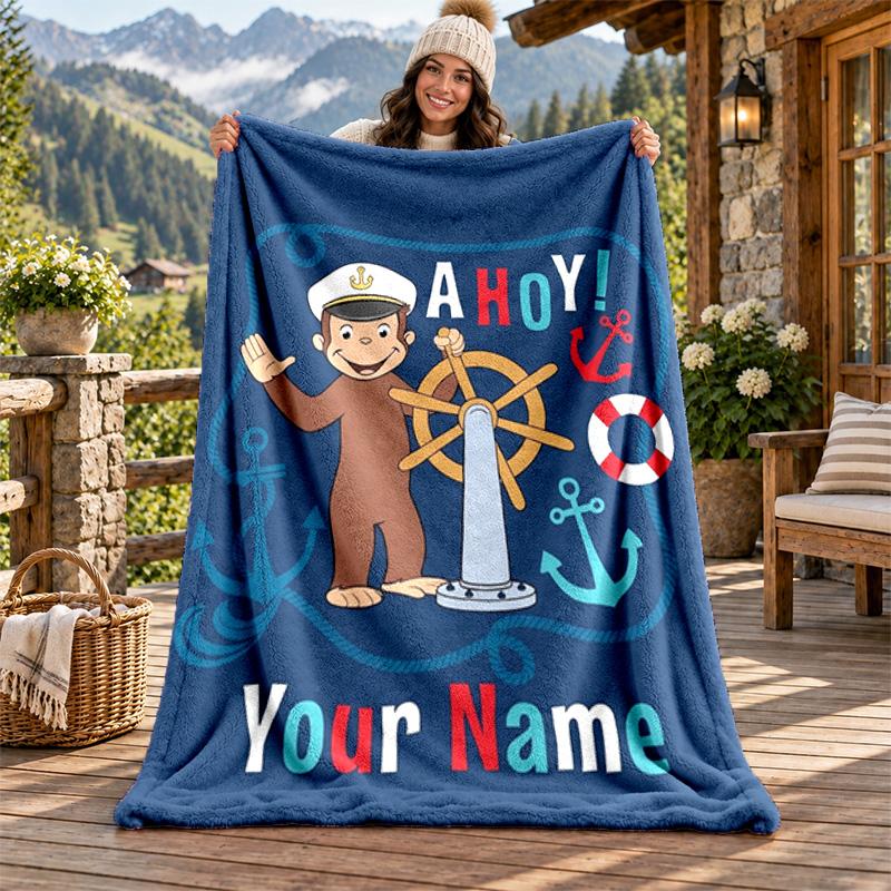 Curioso George Custom Name Flannel Blanket Personalized Soft Warm Plush Throw Blanket Customized Gift for Family Friends