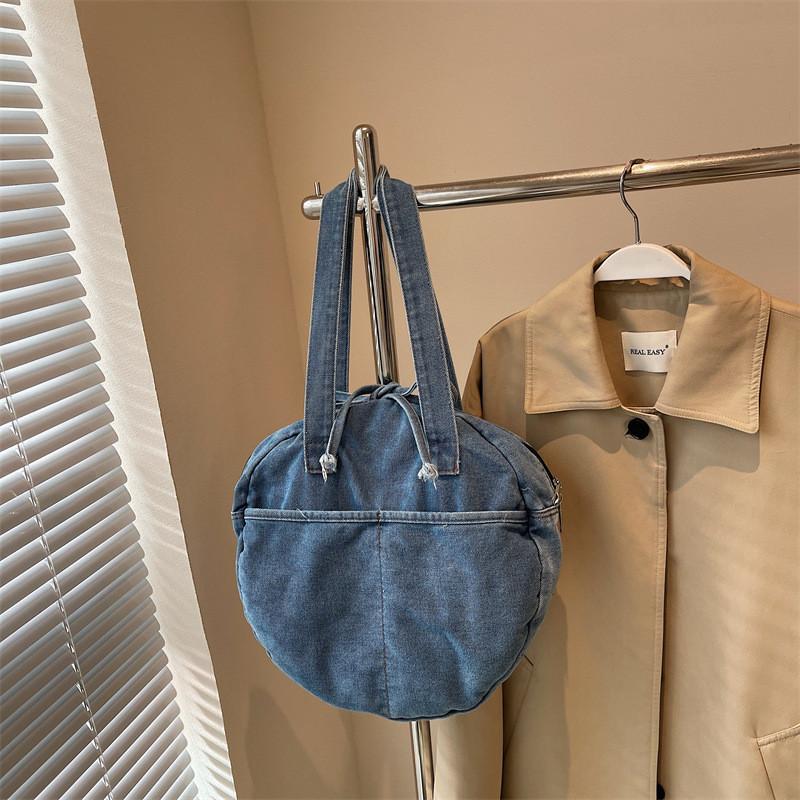 Bow Round Shape Denim Bag For Women Streetwear Fashion Large Capacity Casual Purse