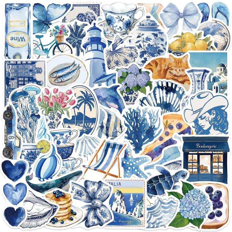 10/30/50PCS Kawaii INS Blue PVC Sticky Sticker Aesthetic DIY Decoration Scrapbooking Hand Accounting Supplies