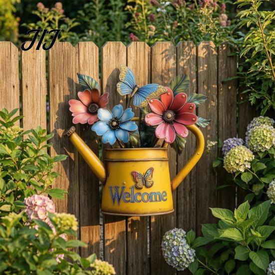 Patio Yard Wall Accents Rustic Metal Watering Can Art, Flower Butterfly Welcome Sign, Farmhouse Sign for Front Door Iron Hanging Decor Porch