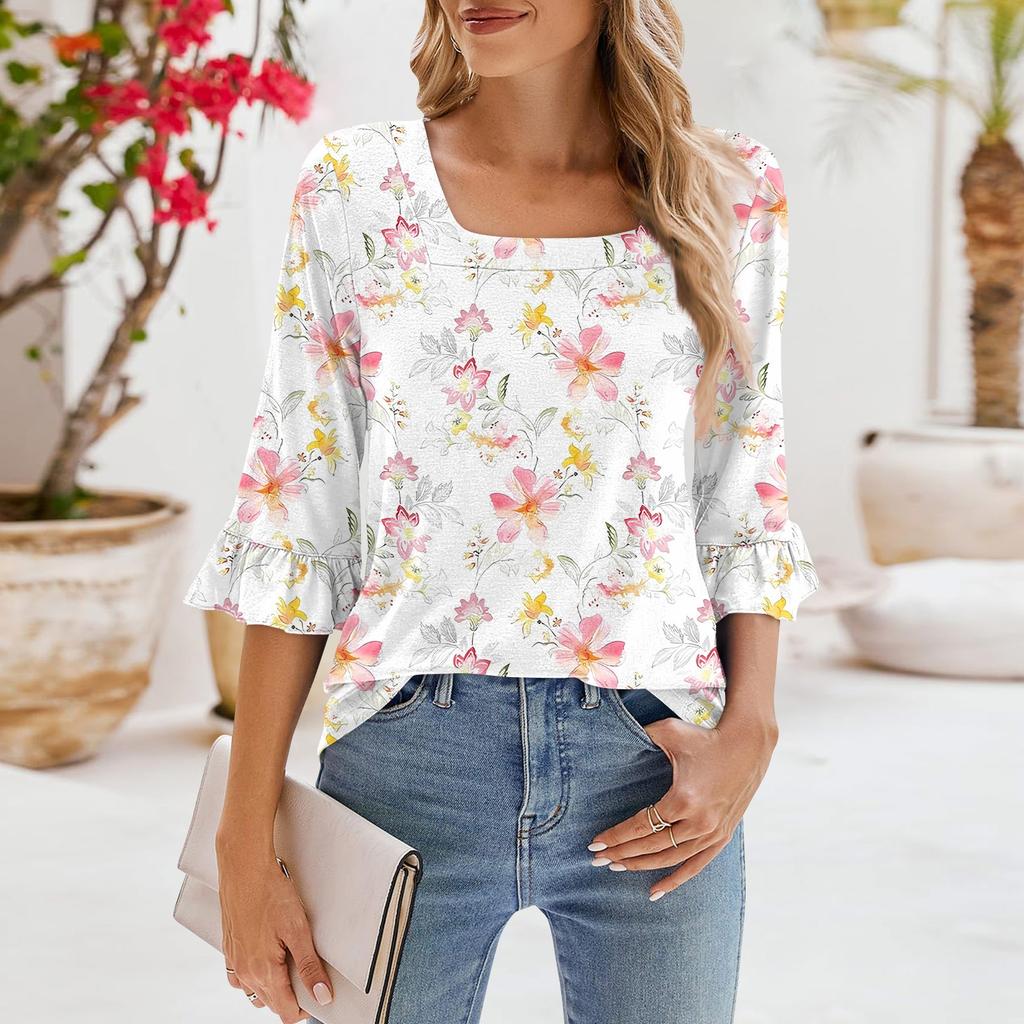 Женские повседневные топы с рукавами 3/4, летние футболки с квадратным вырезом, свободные туники с рюшами, блузки-туники