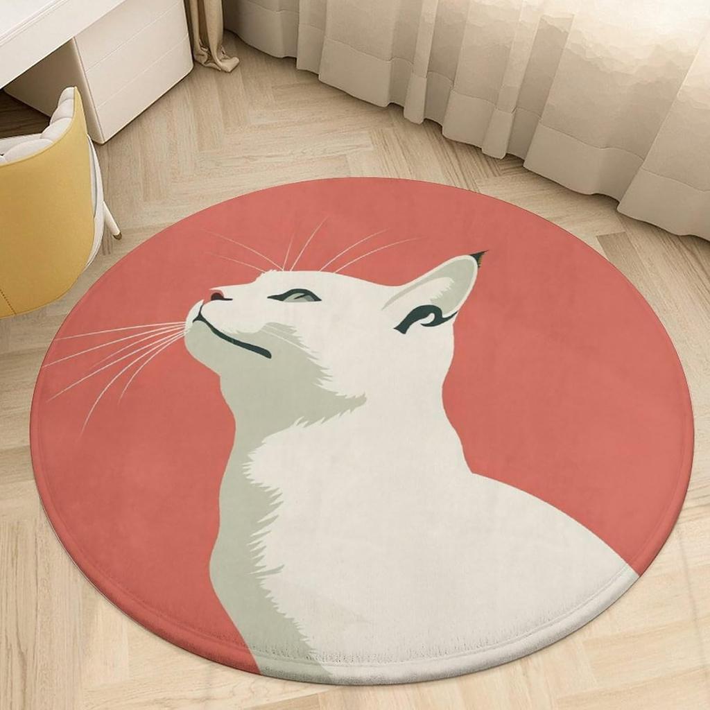 Cute Cartoon Cat Round Area Rug Sweet Kitten Print Non-Slip Circular Carpet Charming Cat Themed Floor Mat for Kids Room Bedroom