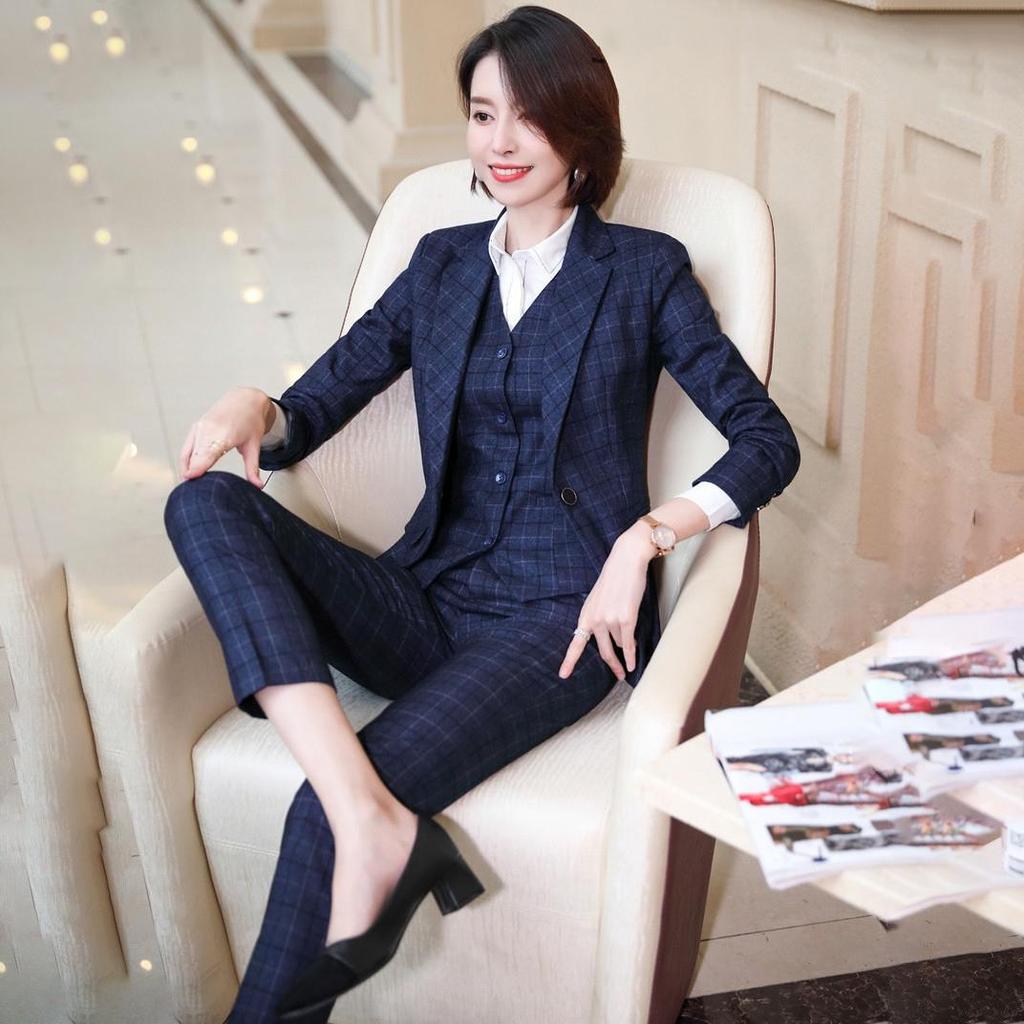 Женская деловая рабочая одежда, женские офисные профессиональные блейзеры OL, модный клетчатый костюм из 3 предметов, синее пальто + брюки + жилет