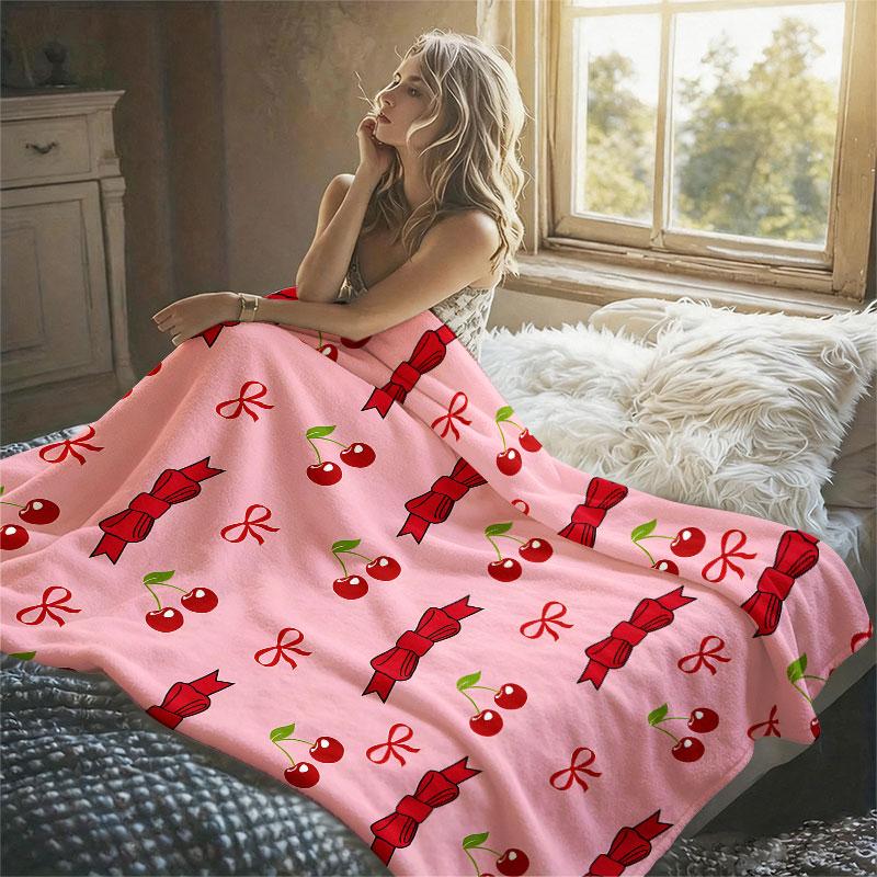 Cherry Bow Pattern Flannel Blanket Warm Soft Halloween Christmas Decorative Couch Warm Cozy All-Season Gift