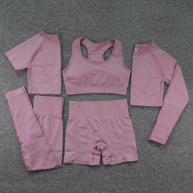 Бесшовный женский комплект для йоги, 3/5 шт., спортивная одежда для тренировок, одежда для спортзала, укороченный топ с длинными рукавами для фитнеса, леггинсы с высокой талией, спортивные костюмы