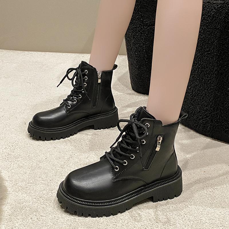 Зима 2024 Новые Уличные Женские Ботинки на Шнуровке Простые Однотонные Модные Женские Туфли Универсальные Короткие Модные Ботинки