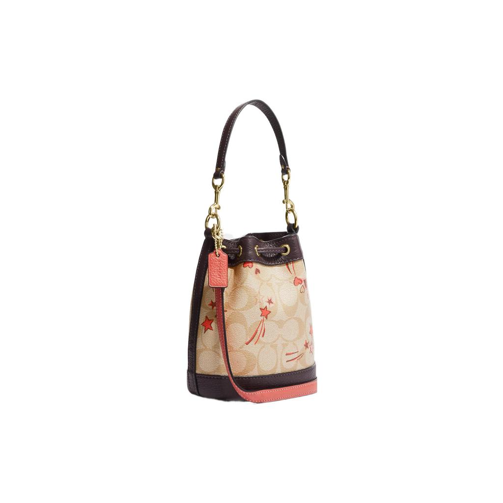 New COACH Bucket Classic Jacquard Leather Bucket Bag, Handbag, Shoulder Bag Trumpets Women's Beige & Dark Brown CK524-IMOT4