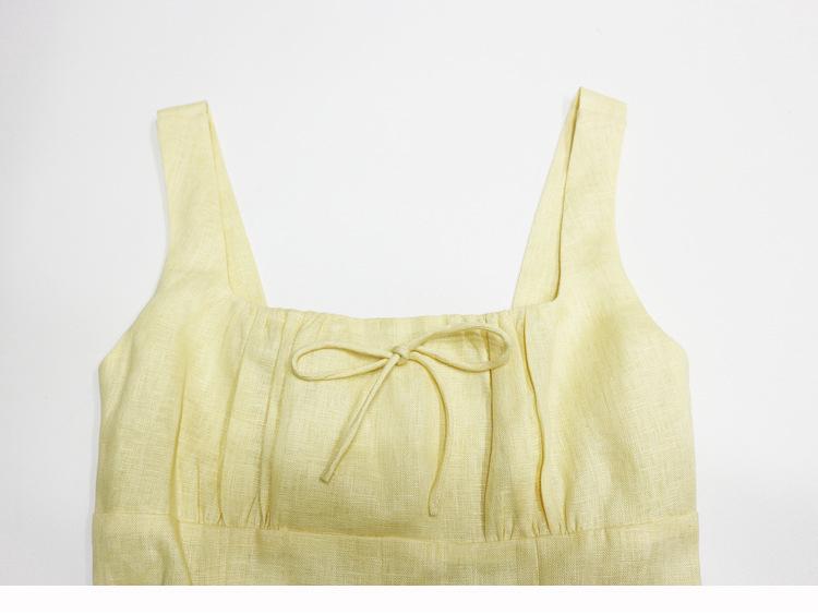 В наличии: Летнее желтое льняное платье миди с квадратным вырезом в французском стиле для отпуска, 2025