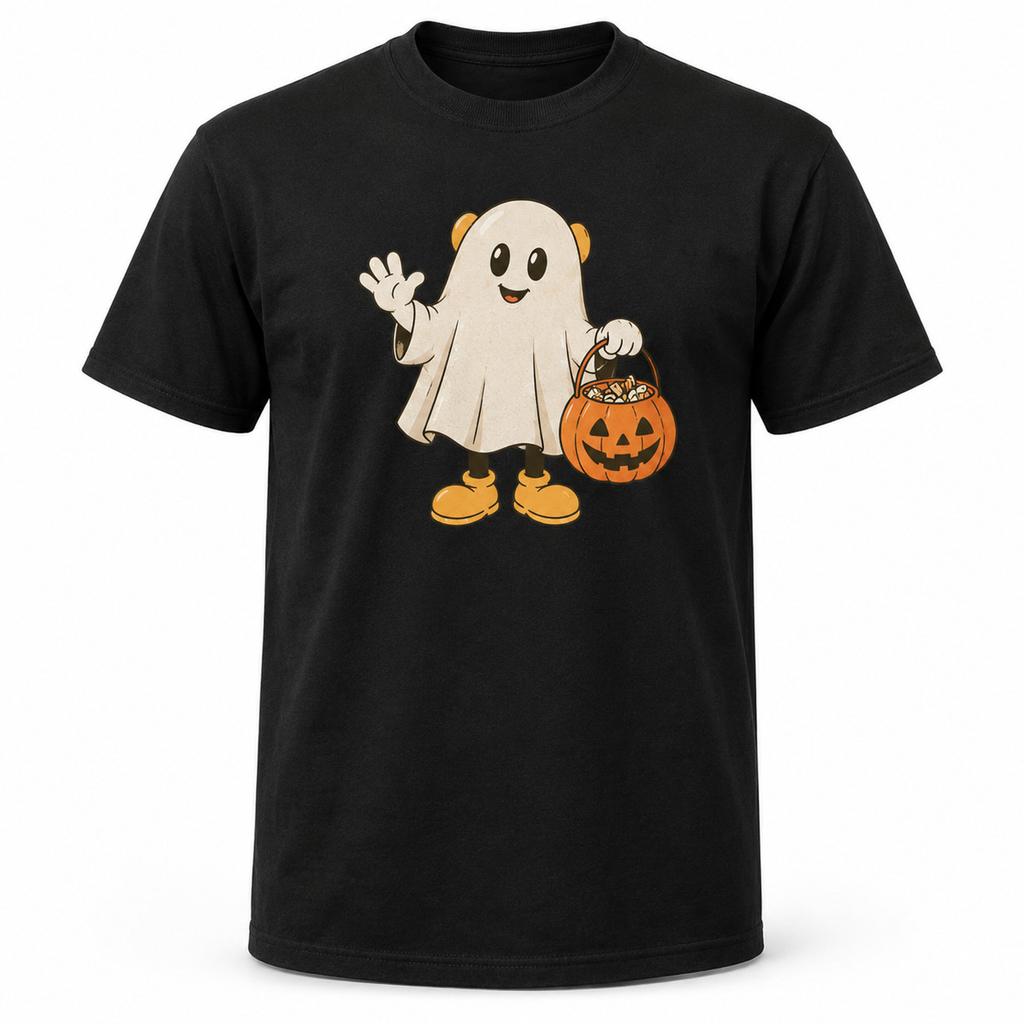 Friendly Ghost Trick or Treat Halloween T Shirt Pumpkin Bucket Graphic Tee