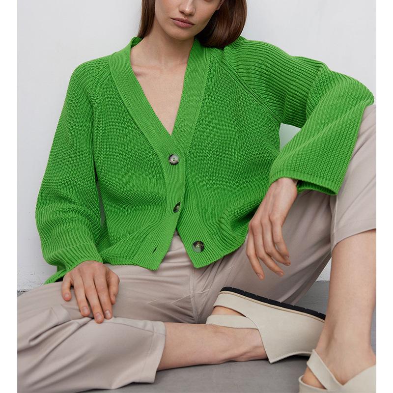Women V Neck Short Sweater Cardigan Autumn Winter Temperament Bat Sleeve Button Solid Knit Tops