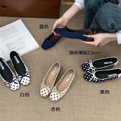 ~ Французский бант в горошек, круглый носок, туфли-лодочки, женские туфли на низком каблуке, балетки на плоской подошве