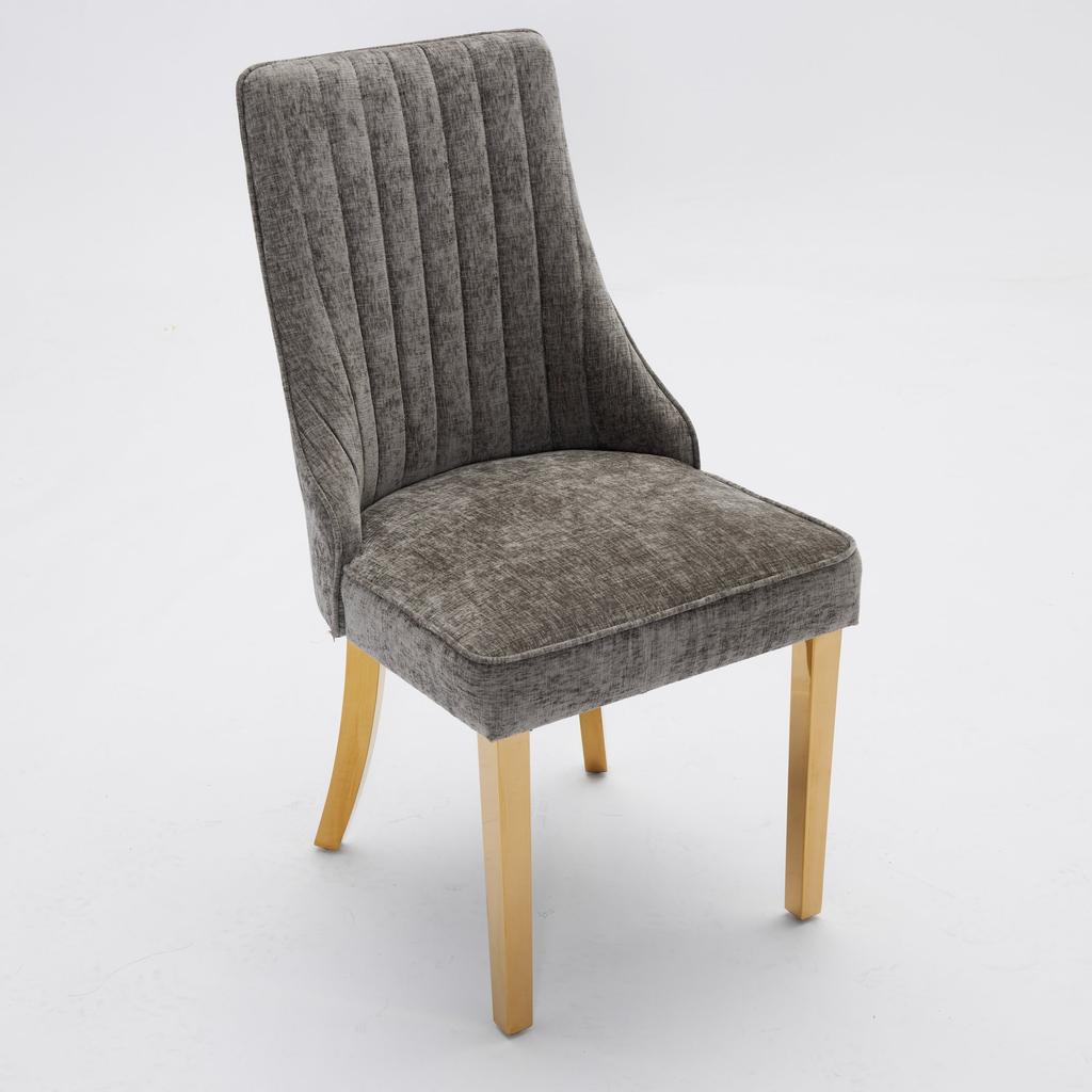 Rayon Cloth Flocking Chenille Dining Chairs, Comfy Upholstered Accent Chair with Golden Stainless Steel Plating Legs, Set of 2 (Gray), DE1647GY