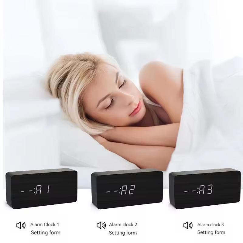1Pc Retro Wooden LED Digital Alarm Clock Silent With Temperature Night Light Electronic Fashion Wooden Clock Living Room Bedside