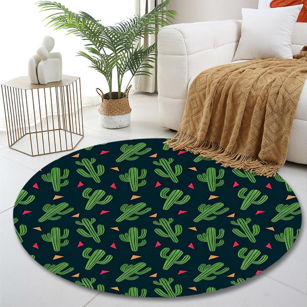 Green Cactus Pattern on Dark Background Print round rug, living room, bedroom, playroom carpet, non slip floor mat, gift