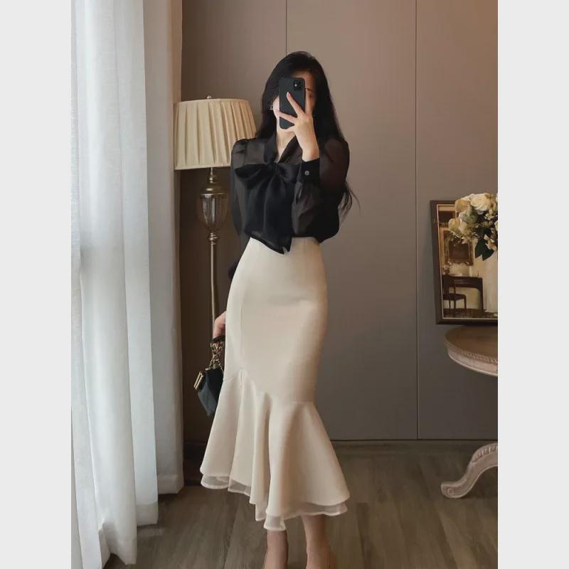 Women's Black Fishtail Skirt & Long-Sleeve Shirt Two-Piece Set - Early Spring 2024