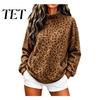 Women Casual Top Leopard Print Sweatshirt, Mock Neck Long Sleeve Pullover with Loose Fitting Clothes Kangaroo Pocket, Drop Shoulder for Fall