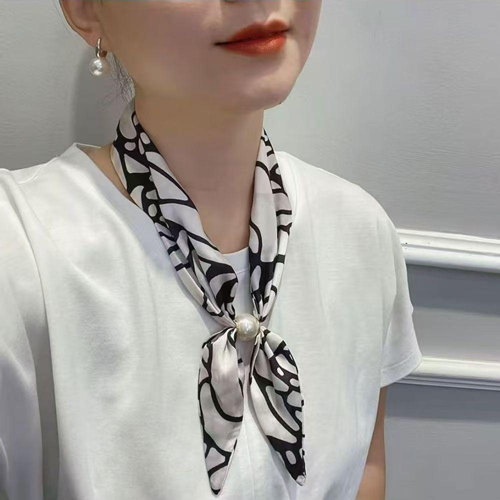 No Tie Silk Scarf Magnetic Pearl Buckle Women Neckerchief Sun Protection Satin Neck Scarf  Summer