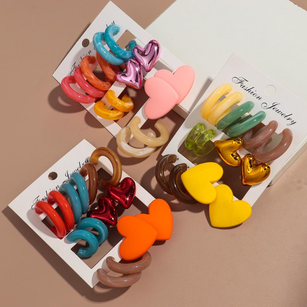 New Korean 7pair Colorful Circle Acrylic Hoop Earring for Women Vintage Geometric Heart Stud Earrings Statement Jewelry Set Gift